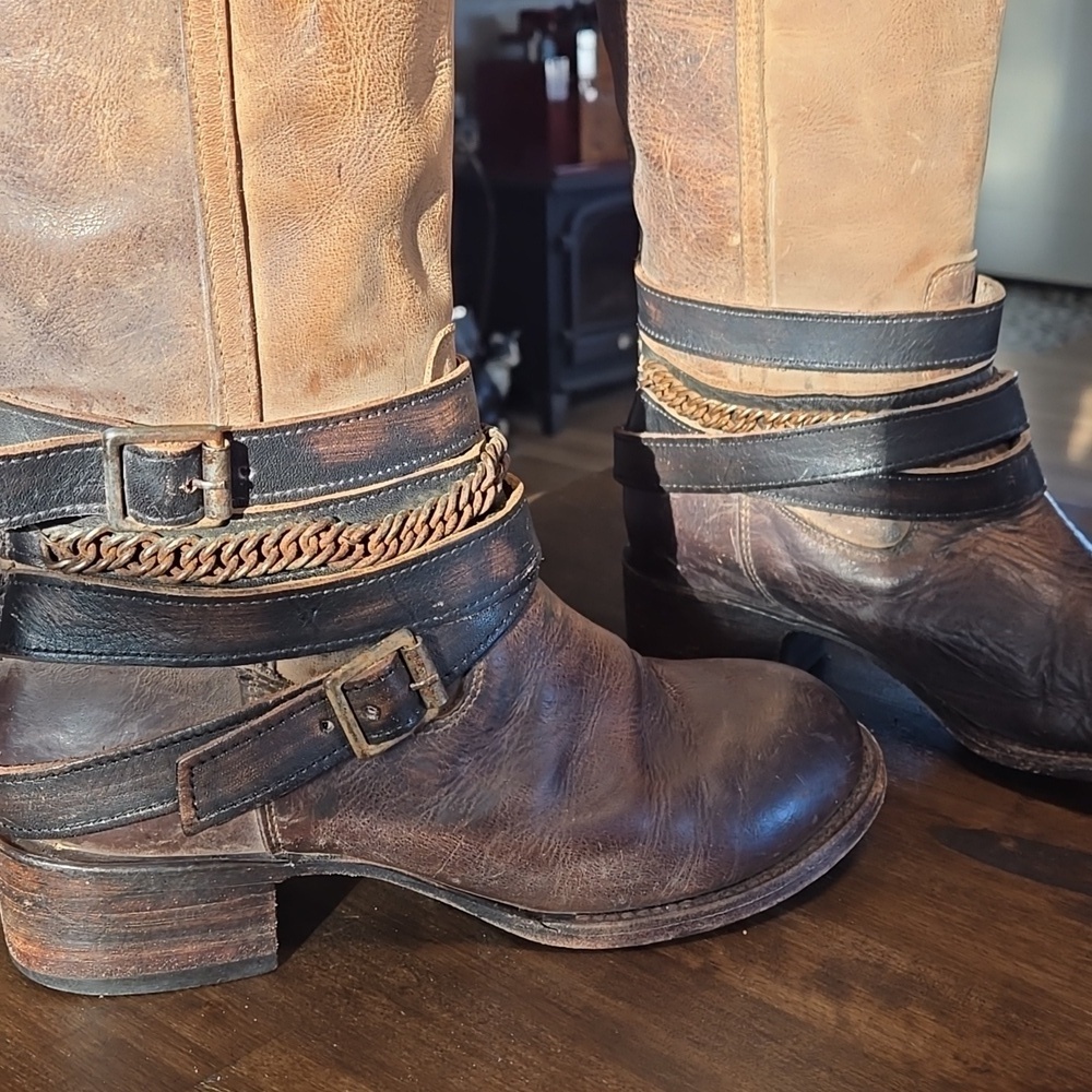 Freebird Aspen Knee High Leather Boots Straps Zip Back Brown Saddle Leather 7 - Picture 2 of 12
